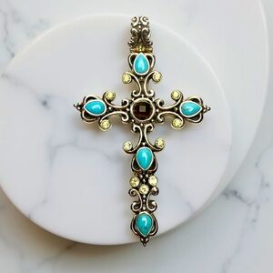 Barse Turquoise Smoky Quartz CZ Sterling Silver Ornate Cross Pendant 925